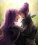  2girls armor blue_scarf camilla_(fire_emblem) closed_eyes fire_emblem fire_emblem_fates from_side gloves hair_bun horns hug kana_(fire_emblem) kana_(fire_emblem)_(female) kazuko_(towa) long_hair mother_and_daughter multiple_girls open_mouth pointy_ears purple_gloves purple_hair scarf tiara upper_body 