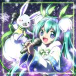  1girl ahoge aqua_eyes aqua_hair bunny capelet dress flower fur-trimmed_capelet fur_trim gold_trim green_scarf hair_flower hair_ornament hairband hands_up hatsune_miku highres holding holding_microphone long_hair looking_at_viewer microphone miesa night one_eye_closed open_mouth rabbit_yukine scarf smile snowbell_(flower) snowflake_print snowflakes snowing twintails upper_body very_long_hair vest vocaloid white_capelet white_dress yuki_miku yuki_miku_(2015) 