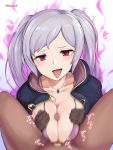  1boy 1girl absurdres aura blade_ride breasts brown_gloves dark_aura fire_emblem fire_emblem_awakening gloves grima_(fire_emblem) highres jewelry large_breasts necklace open_mouth paizuri penis red_eyes robin_(fire_emblem) robin_(fire_emblem)_(female) simple_background solo_focus tongue tongue_out twintails twitter_username white_background white_hair 