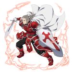  1boy black_pants boots cape closed_mouth faulds floating_hair full_body gloves heathcliff highres holding holding_shield holding_sword holding_weapon long_hair male_focus official_art pants ponytail red_footwear shield shoulder_armor silver_hair solo spaulders sword sword_art_online weapon white_cape white_gloves 