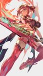  1girl armor bangs boots breasts earrings fingerless_gloves fire gem gloves hair_ornament headpiece highres holding holding_sword holding_weapon homura_(xenoblade_2) jewelry large_breasts one_eye_closed pose red_eyes red_hair red_shorts short_hair short_shorts shorts shoulder_armor solo swept_bangs sword thighhighs vic weapon xenoblade_(series) xenoblade_2 