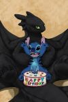  2016 2:3 4_fingers 4_toes abstract_background absurd_res alien ambiguous_gender birthday birthday_cake black_body black_eyes black_scales blue_body blue_claws blue_fur blue_pawpads blue_penis cake claws crossover disney dragon dreamworks duo english_text erection experiment_(lilo_and_stitch) feral fingers food food_fetish food_penetration food_play fur genitals green_eyes green_sclera happy_birthday hi_res how_to_train_your_dragon improvised_sex_toy lilo_and_stitch looking_at_viewer male membrane_(anatomy) membranous_wings night_fury open_mouth open_smile pawpads paws penis raised_arm scales scalie signature simple_background size_difference smile stardragon102 stitch_(lilo_and_stitch) tan_background text toes tongue toothless western_dragon wings 