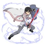  1boy bangs black_eyes black_gloves black_hair cape clenched_teeth fingerless_gloves gloves grey_pants hair_between_eyes highres holding holding_shield holding_sword holding_weapon kirito long_sleeves male_focus official_art pants shield shiny shiny_hair shirt solo sword sword_art_online teeth weapon white_cape white_shirt 