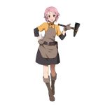  1girl :d bangs black_skirt boots freckles full_body grey_apron grey_footwear hair_ornament hairclip hand_on_hip highres holding holding_hammer knee_boots lisbeth long_sleeves looking_at_viewer miniskirt official_art open_mouth pink_hair red_eyes shiny shiny_hair shirt short_hair short_over_long_sleeves short_sleeves skirt smile solo standing swept_bangs sword_art_online yellow_shirt 
