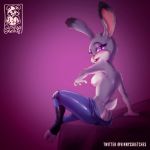  1:1 2020 anthro blush breasts buckteeth butt clothed clothing disney female fur grey_body grey_fur head_tuft judy_hopps lagomorph leporid looking_back mammal nipples open_mouth open_smile purple_background purple_eyes rabbit simple_background sitting smile solo teeth topless tuft vinnyssketches zootopia 