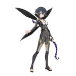  1girl bangs black_hair black_nails black_wings blue_eyes bow_(weapon) breasts character_request cleavage closed_mouth full_body hair_between_eyes highres holding holding_bow_(weapon) holding_weapon jumpsuit medium_breasts multiple_wings nail_polish official_art pointy_ears shiny shiny_hair smile solo standing sword_art_online toenail_polish weapon wings 