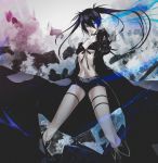  1girl asymmetrical_hair bangs belt belt_buckle bikini bikini_top black_belt black_bikini black_coat black_footwear black_gloves black_hair black_rock_shooter black_rock_shooter_(character) black_shorts blue_eyes boots breasts buckle choker cleavage coat collarbone commentary_request floating_hair front-tie_bikini front-tie_top gloves hair_between_eyes highres knee_boots long_hair long_sleeves looking_at_viewer medium_breasts open_clothes open_coat outstretched_arm outstretched_hand parted_lips short_shorts shorts solo standing swimsuit thigh_strap twintails underboob very_long_hair yoaferia 