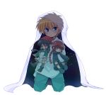  1boy blonde_hair blue_eyes blue_pants cape character_doll doll flower hair_between_eyes hair_flower hair_ornament highres holding holding_doll hood hooded_cape kneeling kukuri mahoujin_guruguru mikuzu_4869 nike_(mahoujin_guruguru) pants raid_(mahoujin_guruguru) shirt simple_background solo white_background white_shirt 