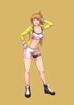  1girl absurdres bike_shorts blue_eyes breasts cirenk closed_mouth gundam gundam_build_fighters gundam_build_fighters_try highres hoshino_fumina looking_at_viewer midriff navel ponytail short_hair simple_background solo sports_bra traditional_media watercolor_(medium) 
