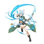  1girl animal_ears arm_strap arrow asymmetrical_sleeves black_ribbon black_shorts blue_hair bow_(weapon) breastplate cape cat_ears cat_tail full_body green_cape green_sleeves hair_ribbon highres holding holding_arrow holding_bow_(weapon) holding_weapon index_finger_raised leg_up looking_at_viewer midriff navel official_art ribbon shiny shiny_hair short_hair_with_long_locks short_shorts shorts sidelocks sinon_(sao-alo) solo stomach sword_art_online tail thigh_strap waist_cape weapon 