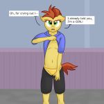  1:1 absurd_res annoyed bottomwear clothed clothing clothing_lift deserter_(artist) dialogue equid equine female flashing flat_chested floppy_ears friendship_is_magic gender_confusion hair hi_res hoodie horse lemon_crumble_(mlp) mammal motion_lines my_little_pony panties pants_down partially_clothed pattern_clothing pattern_underwear pony pterippus shirt shirt_lift short_hair shorts slim striped_clothing striped_panties striped_underwear stripes talking_to_viewer topwear underwear wings young 
