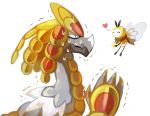  ^_^ closed_eyes commentary conmimi creature dragon english_commentary facing_another flying gen_7_pokemon holding kommo-o looking_at_another motion_lines no_humans pokemon pokemon_(creature) ribombee simple_background size_difference sweat trembling white_background 