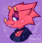 2020 animal_crossing anthro bust_portrait chameleon choker clothed clothing collar digital_drawing_(artwork) digital_media_(artwork) flick_(animal_crossing) grin half-closed_eyes horn icon jewelry kresendoe lizard looking_back male narrowed_eyes necklace nintendo portrait purple_background purple_eyes red_body red_skin reptile scalie shirt signature simple_background smile solo topwear video_games watermark 