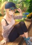  1girl adjusting_headwear ahoge arm_support artoria_pendragon_(all) baseball_cap bellflower black_bra black_pants blonde_hair blouse blue_eyes blue_flower blue_footwear bra bra_strap bracelet breasts brick capri_pants colored_eyelashes cross-laced_footwear crossed_ankles daisy day fate/grand_order fate_(series) fingernails floral_arch flower hair_between_eyes hair_through_headwear hat highres jewelry legs_together light_rays long_hair looking_at_viewer mashuu_(neko_no_oyashiro) medium_breasts mysterious_heroine_xx_(foreigner) off-shoulder_blouse off_shoulder on_ground outdoors pale_skin pants path plant ponytail rose shoes sidelocks sitting smile sneakers solo sports_bra sunbeam sunlight tulip underwear watch white_blouse white_flower white_rose wristwatch yellow_tulip 
