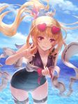  1girl bangs black_sailor_collar black_swimsuit blonde_hair blue_flower blue_sky blurry blurry_background cagliostro_(granblue_fantasy) cloud collarbone cowboy_shot eyebrows_visible_through_hair fang flat_chest floating_hair flower granblue_fantasy grin hair_flower hair_ornament heart heart-shaped_eyewear leaning_forward long_hair looking_at_viewer ocean one-piece_swimsuit ponytail pulled_by_self purple_eyes red-framed_eyewear sailor_collar shiny shiny_hair shiny_skin sky smile solo standing sunglasses swimsuit swimsuit_pull tanaka_ken&#039;ichi thigh_strap v-shaped_eyebrows very_long_hair w 