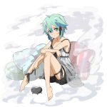  1girl ankle_ribbon barefoot black_ribbon black_shorts blue_eyes blue_hair breasts cleavage closed_mouth collarbone dress full_body gradient_dress grey_dress grey_ribbon hair_between_eyes hair_ribbon highres looking_at_viewer official_art pillow ribbon shiny shiny_hair short_dress short_hair short_shorts shorts sideboob sinon sitting sleeveless sleeveless_dress small_breasts solo sparkle sword_art_online thigh_ribbon white_dress 