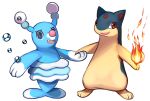  :d brionne brown_eyes bubble commentary conmimi creature english_commentary fang fire flame full_body gen_2_pokemon gen_7_pokemon happy looking_at_viewer no_humans open_mouth pokemon pokemon_(creature) purple_eyes quilava simple_background smile standing white_background 