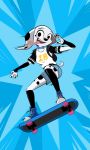  101_dalmatian_street 101_dalmatians 3:5 absurd_res anthro backpack canid canine canis clothing collar dalmatian disney dolly_(101_dalmatians) domestic_dog female fur hi_res long_ears mammal nickick90 simple_background skateboard smile spots spotted_body spotted_fur tongue tongue_out 