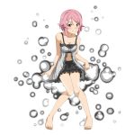 1girl bangs barefoot black_shorts blush breasts cleavage closed_mouth collarbone freckles full_body hair_between_eyes hair_ornament hairclip highres invisible_chair layered_shorts lisbeth midriff navel official_art pink_hair red_eyes shiny shiny_hair short_hair short_shorts shorts sitting sleeveless smile solo stomach swept_bangs sword_art_online 