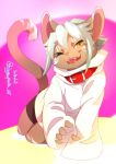  2018 5_fingers anthro brown_body brown_fur clothed clothing collar domestic_cat felid feline felis fingers fur hair kemono looking_at_viewer mammal one_eye_closed open_mouth red_collar teeth text tongue white_hair yamagoat yellow_eyes 