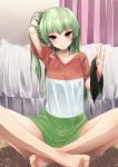 alternate_hairstyle anchovy_(girls_und_panzer) bare_legs bedroom black_ribbon casual girls_und_panzer green_hair hair_down highres holding holding_hair indian_style indoors kakimoto_nao long_hair long_shirt red_eyes ribbon sitting tying_hair 