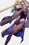  1girl armor black_shorts boots byleth_(fire_emblem) byleth_(fire_emblem)_(female) cape dagger fire_emblem fire_emblem:_three_houses green_hair grey_background highres holding holding_sword holding_weapon knee_boots medium_hair navel navel_cutout pantyhose parted_lips revision sheath sheathed short_shorts shorts simple_background solo sword vic weapon 