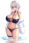  1girl azur_lane bangs bikini black_bikini blush breasts choker cleavage collarbone cowboy_shot eyebrows_visible_through_hair groin hair_between_eyes highres large_breasts looking_at_viewer navel o-ring o-ring_top off_shoulder red_eyes short_hair sirius_(azur_lane) sirius_(midsummer_seirios)_(azur_lane) solo spider_apple stomach swimsuit thigh_strap thighs wading wet white_hair 