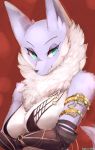  2018 anthro armlet armwear bikini bikini_top breasts bust_portrait canid canine chest_tuft clothed clothing elbow_gloves eyelashes female fluffy fox fur gloves handwear hi_res kameloh kemono looking_at_viewer mammal multicolored_body multicolored_fur neck_tuft portrait purple_body purple_fur shoulder_tuft smile solo swimwear teal_eyes tuft two_tone_body two_tone_fur white_body white_fur 