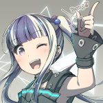  /\/\/\ 1girl ;d armpits ayasaka bang_dream! bangs black_collar black_hair blunt_bangs collar commentary finger_gun grey_background hair_bobbles hair_ornament long_hair looking_at_viewer multicolored_hair one_eye_closed open_mouth pareo_(bang_dream!) purple_eyes sidelocks smile solo twintails two-tone_hair upper_body white_hair wrist_cuffs 