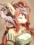  2017 anthro armor big_breasts breasts bust_portrait canid canine choker cleavage clothed clothing female fur hair headdress hi_res jewelry kameloh kemono long_hair looking_at_viewer mammal necklace portrait red_hair solo yellow_body yellow_eyes yellow_fur 