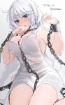 1girl areola_slip areolae avrora_(azur_lane) azur_lane bangs bare_shoulders blue_eyes blush braid breasts chain collar cuffs dress hair_between_eyes hands_up highres large_breasts long_hair looking_at_viewer open_mouth revision shackles solo tearing_up torn_clothes torn_dress twin_braids twitter_username very_long_hair white_dress xretakex 
