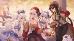 4girls ahoge animal_ears aran_sweater azur_lane bangs bare_shoulders belfast_(azur_lane) belfast_(shopping_with_the_head_maid)_(azur_lane) beret black_hair black_ribbon blue_eyes blue_headwear blue_shirt blue_skirt blurry_foreground blush bow breasts brown_sweater bunny_ears choker cleavage collarbone criin day detached_sleeves dress earrings eyebrows_visible_through_hair feeding food georgia_(azur_lane) hair_between_eyes hair_bun hair_ornament hair_ribbon hat heterochromia highres hoop_earrings jewelry laffey_(azur_lane) laffey_(bunny_clerk?)_(azur_lane) large_breasts long_hair midriff multiple_girls off-shoulder_sweater off_shoulder official_art one_side_up outdoors pleated_skirt pocky purple_eyes purple_hair red_eyes ribbon sailor_collar shirt short_sleeves side_bun sidelocks silver_hair sitting skirt smile star star_earrings stuffed_animal stuffed_toy stuffed_unicorn sweater thighhighs twintails unicorn_(azur_lane) very_long_hair white_dress white_legwear white_sailor_collar yellow_eyes 