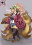  4_toes 9_tails accessory anthro barefoot beauty_mark big_breasts black_pawpads blonde_hair blue_eyes bottomwear breasts canid canine cigarette claws cleavage clothed clothing coat denim denim_clothing dipstick_ears female fluffy fluffy_tail fox fully_clothed fur grey_background hair hair_accessory hair_bow hair_over_eye hair_ribbon hi_res hotpants inner_ear_fluff kemono kikunoya legwear long_hair looking_at_viewer mammal midriff mouth_hold multi_tail multicolored_body multicolored_ears multicolored_fur navel object_in_mouth one_eye_obstructed pawpads pose ribbons shirt shorts signature simple_background smoking solo standing text thick_thighs thigh_highs tied_shirt toes topwear translation_request tuft two_tone_body two_tone_fur white_body white_fur yellow_body yellow_fur 