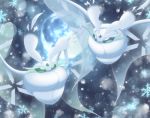  alternate_color commentary_request creature eye_contact flying frosmoth full_body full_moon gen_8_pokemon looking_at_another maiko_(mimi) moon no_humans outdoors pokemon pokemon_(creature) shiny_pokemon snowflakes white_theme 