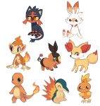  :d bird blue_eyes charamells charmander chimchar claws closed_eyes closed_mouth creature cyndaquil fennekin fiery_tail fire flame full_body gen_1_pokemon gen_2_pokemon gen_3_pokemon gen_4_pokemon gen_5_pokemon gen_6_pokemon gen_7_pokemon gen_8_pokemon litten monkey no_humans open_mouth pokemon pokemon_(creature) purple_eyes red_eyes scorbunny simple_background sitting smile standing tail tepig torchic white_background 