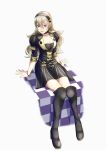  1girl absurdres black_hairband boots bracelet breasts cleavage corrin_(fire_emblem) corrin_(fire_emblem)_(female) fire_emblem fire_emblem:_three_houses fire_emblem_fates full_body garreg_mach_monastery_uniform gzo1206 hairband high_heel_boots high_heels highres jewelry long_hair parted_lips pointy_ears red_eyes short_sleeves simple_background sitting solo uniform white_background white_hair 