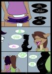  anthro book_of_lust canid canine canis cassandra_hart clothed clothing comic english_text eyes_closed female green_clothing green_topwear hair hi_res kanashiipanda mammal olivia_hart open_mouth possession purple_clothing suggestive_fluid text tongue topwear wolf 