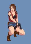  1girl absurdres belt bike_shorts blue_eyes breasts brown_hair cirenk claire_redfield cleavage closed_mouth commentary denim fingerless_gloves gloves gun handgun highres jacket ponytail resident_evil resident_evil_2 short_hair shorts simple_background solo traditional_media watercolor_(medium) weapon 