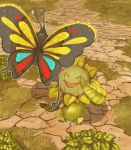  :d ^_^ beautifly bug butterfly closed_eyes commentary creature english_commentary eye_contact flying full_body gen_2_pokemon gen_3_pokemon grass insect looking_at_another memookami no_humans open_mouth pokemon pokemon_(creature) shadow sitting smile sunflora 