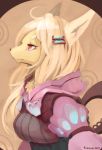  2017 abstract_background accessory anthro blonde_hair breasts bust_portrait canid canine chest_tuft clothed clothing dress female fox fully_clothed fur hair hair_accessory hairclip hi_res kameloh kemono long_hair mammal pink_clothing pink_dress portrait red_eyes solo tuft yellow_body yellow_fur 