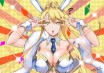  1girl ? ahoge animal_ears artoria_pendragon_(all) artoria_pendragon_(swimsuit_ruler)_(fate) bangs bare_shoulders blonde_hair blue_neckwear blush braid breasts bunny_ears bunnysuit cleavage collarbone confetti detached_collar double_v emotional_engine_-_full_drive fate/grand_order fate_(series) feather_boa french_braid green_eyes hair_between_eyes hands_up highres large_breasts leotard long_hair looking_at_viewer love-saber necktie open_mouth parody ponytail sei_shounagon_(fate) sidelocks solo sparkle v white_leotard wrist_cuffs yellow_background 