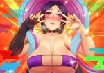  1girl absurdres bikini blush collarbone commentary_request covered_nipples elbow_gloves fate/grand_order fate_(series) fingerless_gloves gloves highres long_hair looking_at_viewer minamoto_no_raikou_(fate/grand_order) minamoto_no_raikou_(swimsuit_lancer)_(fate) nail_polish oldlim purple_bikini purple_hair single_glove skindentation solo swimsuit upper_body 