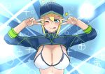  1girl ahoge artoria_pendragon_(all) aya_(user_ddya7452) bangs baseball_cap bikini blonde_hair blue_background blue_eyes blue_headwear blue_jacket blush breasts cleavage closed_mouth double_v emotional_engine_-_full_drive fate/grand_order fate_(series) hair_between_eyes hair_through_headwear hands_up hat jacket large_breasts long_hair looking_at_viewer mysterious_heroine_xx_(foreigner) parody ponytail sei_shounagon_(fate) shrug_(clothing) smile solo sparkle star swimsuit tongue tongue_out v wristband 