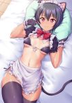 1girl animal_ears apron bangs bed bed_sheet bikini black_bikini black_gloves black_hair black_legwear blush bow bowtie breasts breasts_apart cat_ears cat_girl cat_tail closed_mouth commentary_request eyebrows_visible_through_hair frilled_apron frilled_bikini frilled_cuffs frilled_sleeves frills from_above front-tie_bikini front-tie_top frown gloves highres kanabun looking_at_viewer lying maid_bikini maid_headdress navel on_back on_bed one-piece_tan original pillow pillow_grab puffy_short_sleeves puffy_sleeves red_bow red_eyes red_neckwear ribbon short_hair short_sleeves shrug_(clothing) small_breasts solo stomach swimsuit tail tan tanline thighhighs underboob waist_apron white_apron white_ribbon wrist_cuffs 