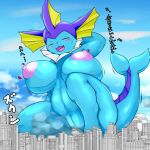  ... 1:1 :3 anthro areola b_cottontail big_breasts blue_body blue_eyes blue_skin blush bodily_fluids breasts building city cloud curvy_figure detailed_background ear_fins eeveelution eyes_closed female fin forked_tail frill_(anatomy) genitals head_fin hi_res huge_breasts japanese_text macro membrane_(anatomy) membranous_frill nintendo nipples open_mouth pok&eacute;mon pok&eacute;mon_(species) purple_body purple_nose purple_skin pussy sky solo sweat sweatdrop tail_fin text thick_thighs translated vaporeon video_games voluptuous 