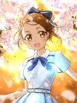  1girl 22/7 :d black_bow blue_dress bow braid brown_eyes brown_hair dress flower hair_bow hair_ribbon hair_up kouno_miyako looking_at_viewer open_mouth orange_background outdoors petals ribbon short_sleeves smile solo standing uniform utatane_nenne white_ribbon 