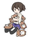  1girl :&lt; bangs black_legwear blue_hakama bokukawauso brown_hair cheno_(amakuchi_mustard) closed_mouth full_body hakama hakama_skirt highres holding holding_stuffed_animal japanese_clothes kaga_(kantai_collection) kantai_collection otter ponytail side_ponytail simple_background sitting solo stuffed_animal stuffed_otter stuffed_toy thighhighs white_background 