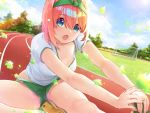  1girl :o bangs bare_legs blue_eyes blue_sky blush breasts character_name clothes_writing clover collarbone day eyebrows_visible_through_hair four-leaf_clover go-toubun_no_hanayome green_hairband green_ribbon green_shorts gym_shirt gym_shorts gym_uniform hair_between_eyes hair_ribbon hairband highres looking_at_viewer medium_breasts nakano_yotsuba open_mouth orange_hair outdoors own_hands_together panties ribbon shirt short_hair short_sleeves shorts sitting sky soccer_field socks solo stretch track_and_field tree underwear upshorts waterring white_legwear white_panties white_shirt wind yellow_footwear 