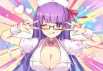  1girl bangs bb_(fate)_(all) bb_(fate/extra_ccc) bb_shot! black-framed_eyewear blush breasts choker cleavage closed_mouth collarbone double_w dress emotional_engine_-_full_drive fate/extra fate/extra_ccc fate/grand_order fate_(series) glasses hair_ribbon hands_up hat heart heart-shaped_pupils large_breasts licking_lips long_hair looking_at_viewer nurse nurse_cap one_eye_closed parody partially_unbuttoned pink_ribbon purple_eyes purple_hair rainbow_background ribbon sei_shounagon_(fate) semi-rimless_eyewear short_sleeves smile solo sparkle symbol-shaped_pupils tongue tongue_out very_long_hair vivivivi w white_choker white_dress white_headwear wrist_cuffs 