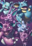  black_eyes claws creature gen_1_pokemon horn horns jumping looking_at_another mijinko_(barabadge) nidoking nidoqueen nidoran nidorina nidorino no_humans pokemon pokemon_(creature) purple_background red_eyes simple_background walking 